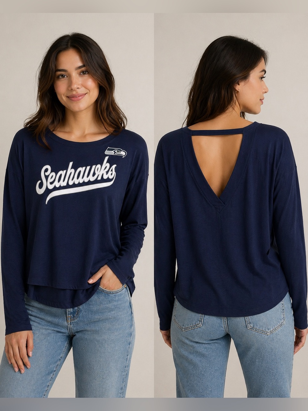 NWT Fanatics Seahawks Women Small Navy Script Long Sleeve Tee Choker Back Detail